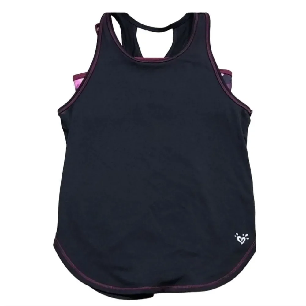 Justice Active Layered Sports Tank Top Black Pink Floral Athletic Tee Girls 10